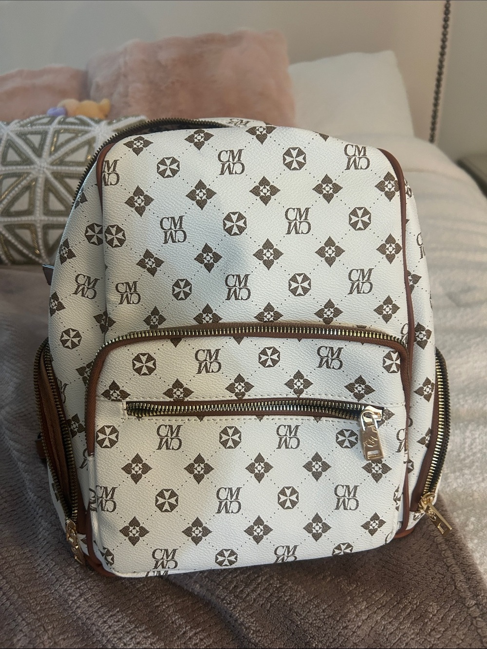 White Mini Monogram Backpack with Brown Trim and Gold Hardware